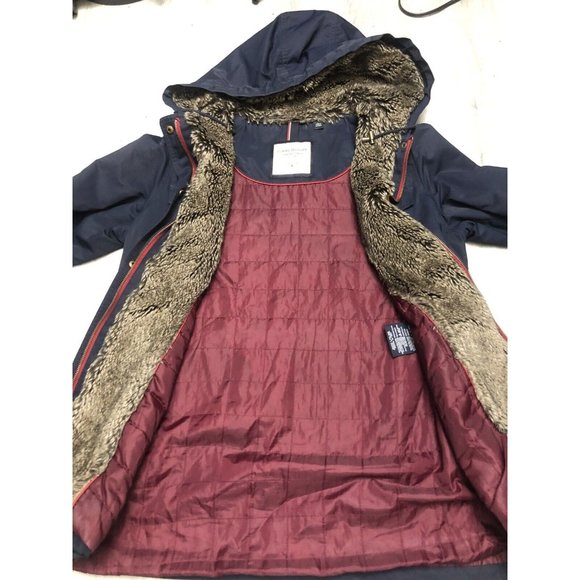 Tommy Hilfiger American Classics Mens Large Navy Blue Hooded Faux Fur Trim Coat - Picture 3 of 8